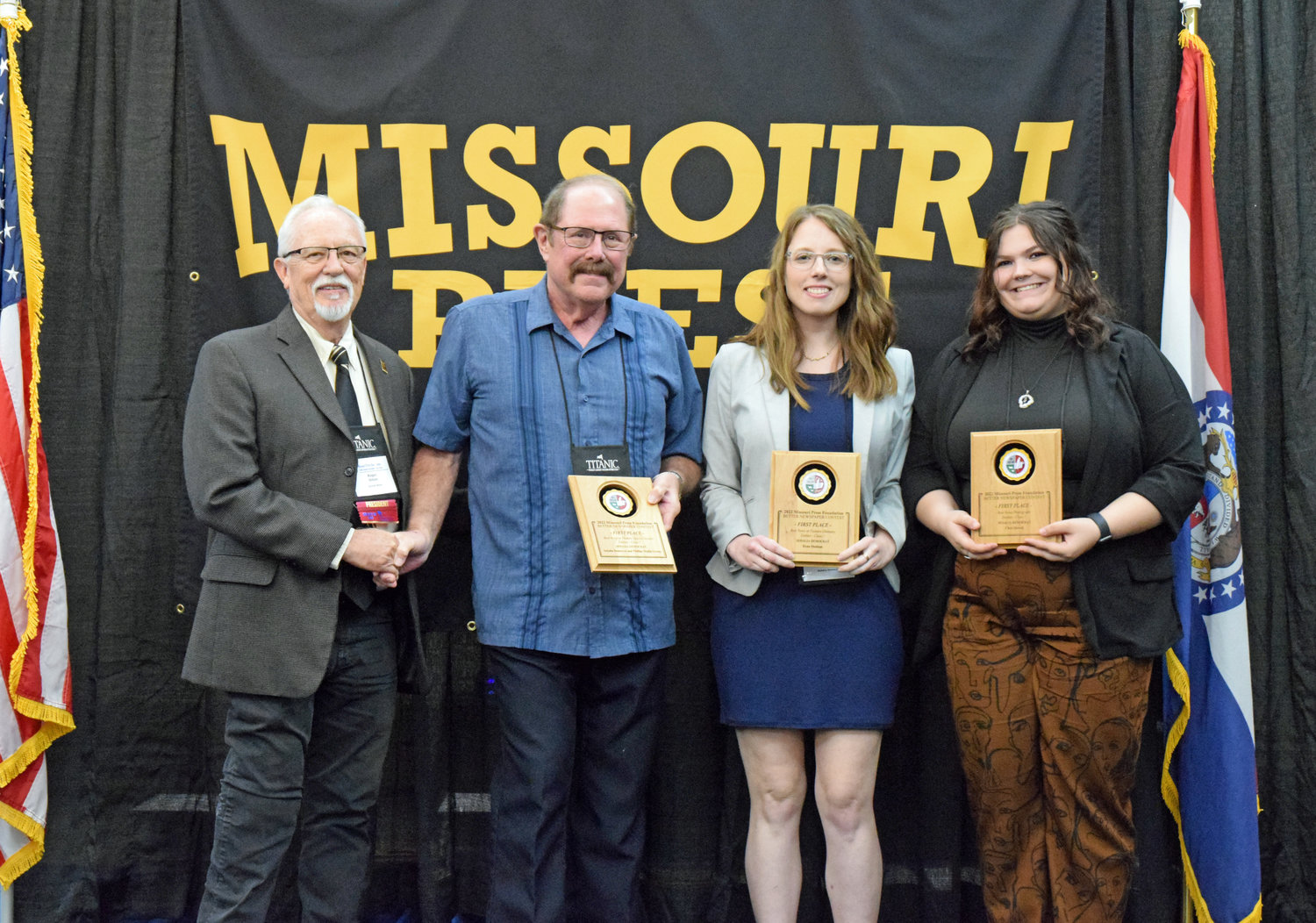 From left, Missouri Press Association President Roger Dillon, Democrat Publisher Jim Perry, Democrat Editor Nicole Cooke and Democrat reporter Skye Melcher pose for a photo during the awards luncheon at the MPA convention on Saturday, Sept. 17 in Lake Ozark.